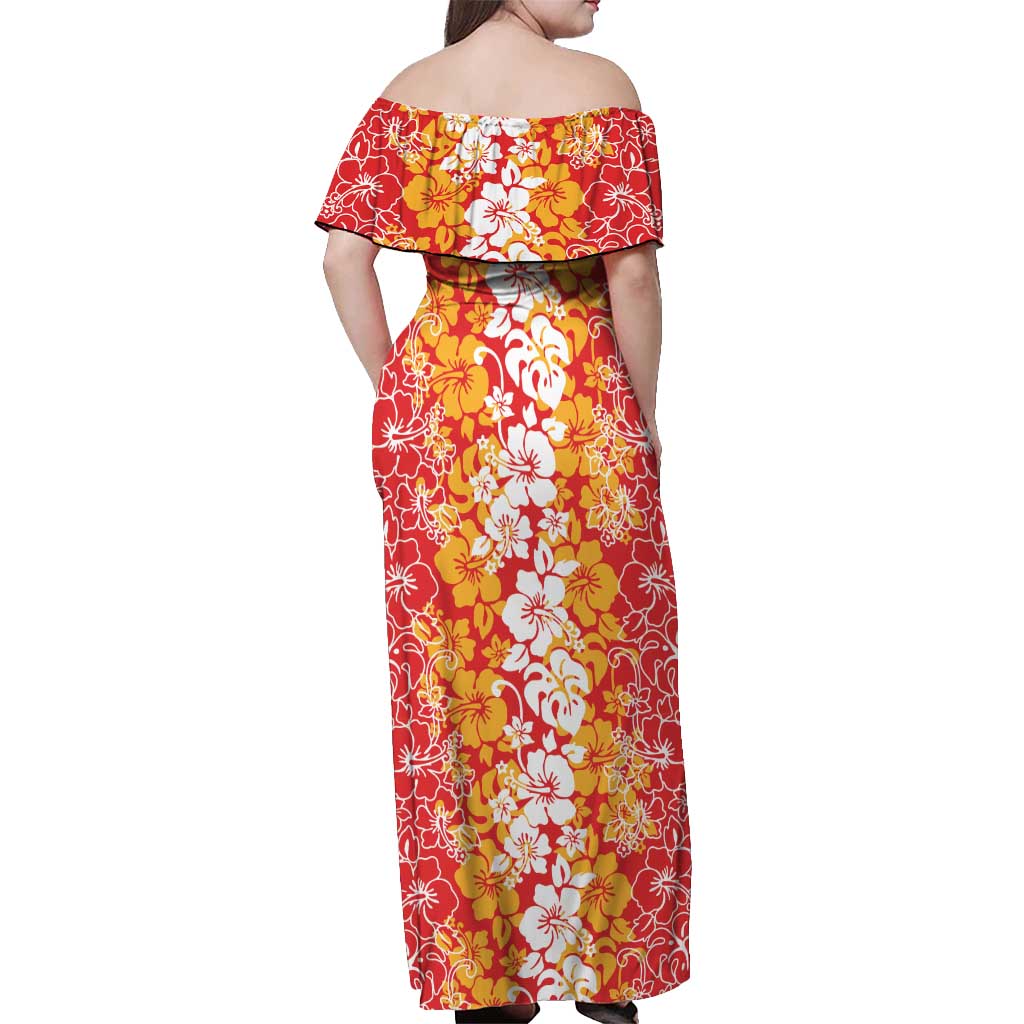 Hawaiian Lei Day Off Shoulder Maxi Dress Red Hibiscus Flowers Lei Art