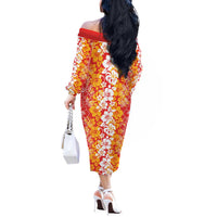 Hawaiian Lei Day Off The Shoulder Long Sleeve Dress Red Hibiscus Flowers Lei Art