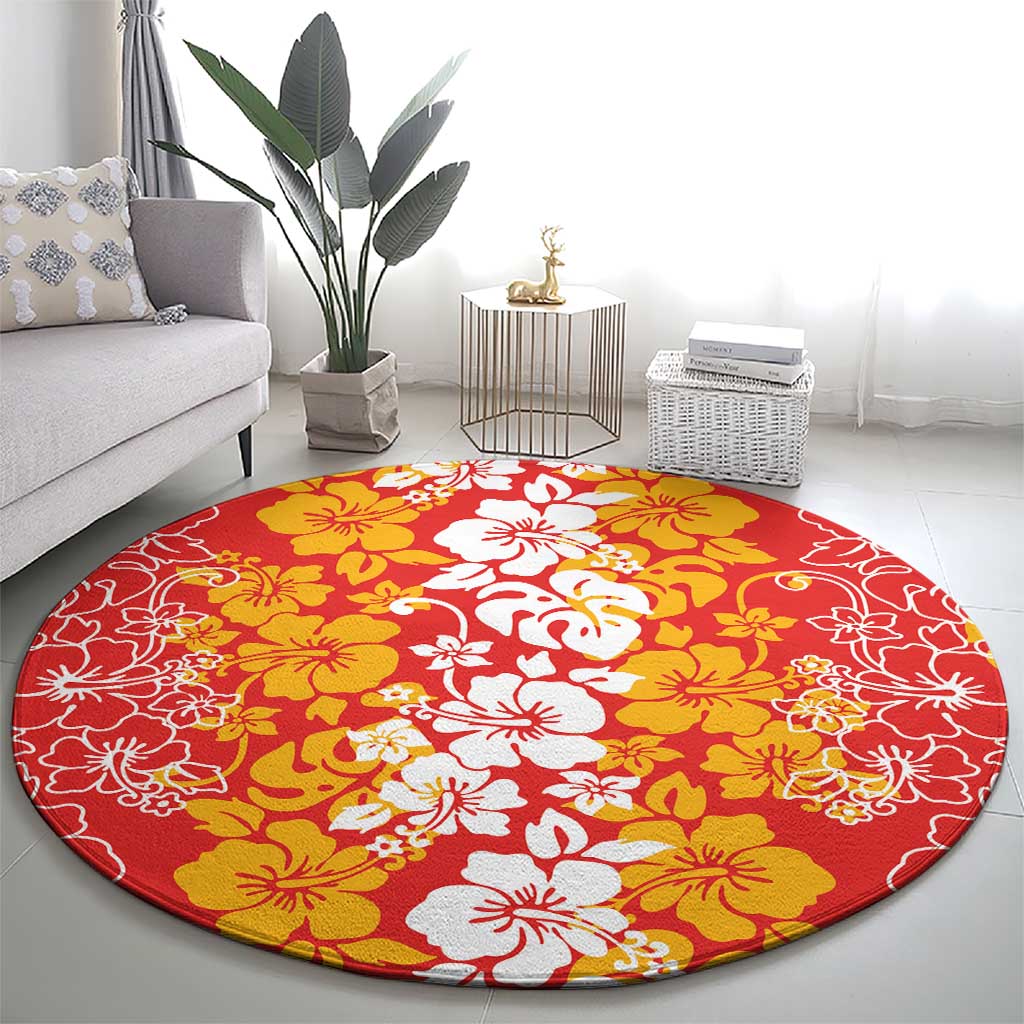 Hawaiian Lei Day Round Carpet Red Hibiscus Flowers Lei Art
