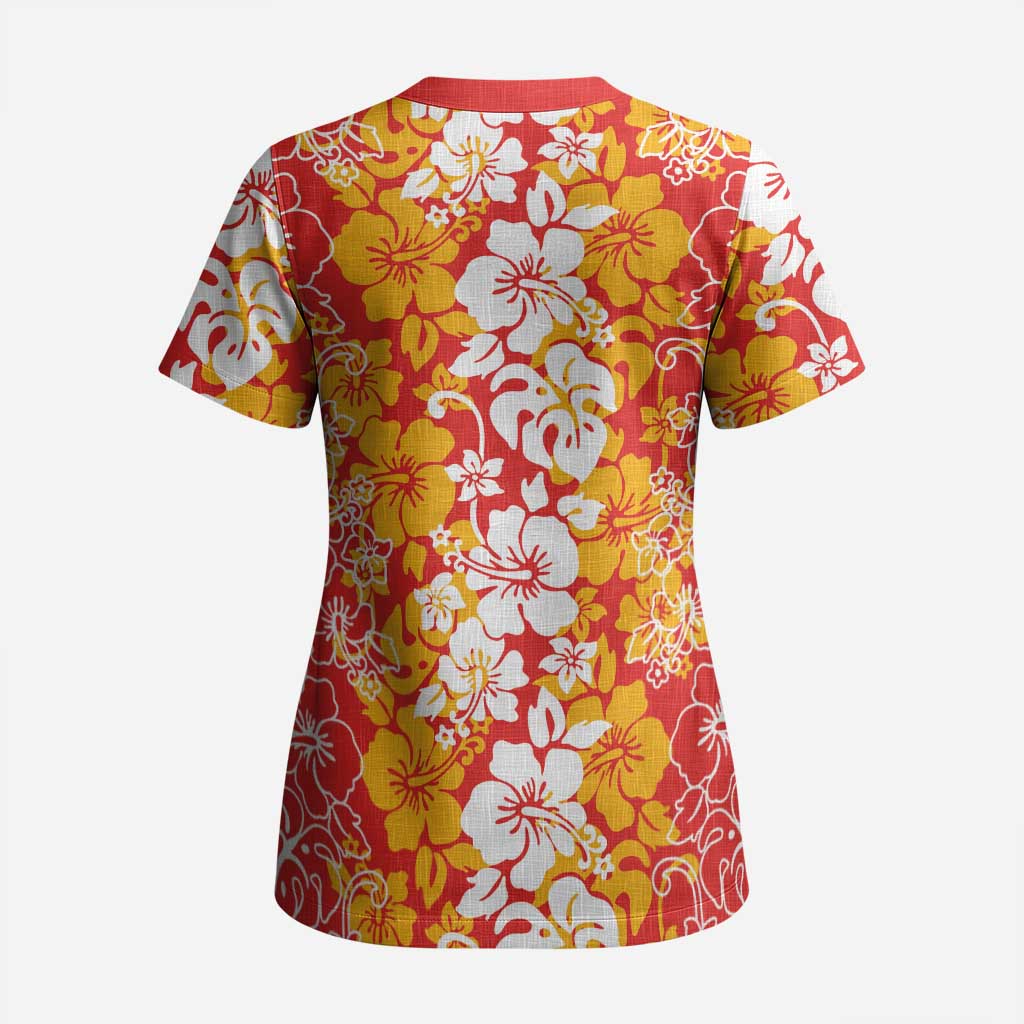 Hawaiian Lei Day Scrub Top Red Hibiscus Flowers Lei Art - Polynesian Pride
