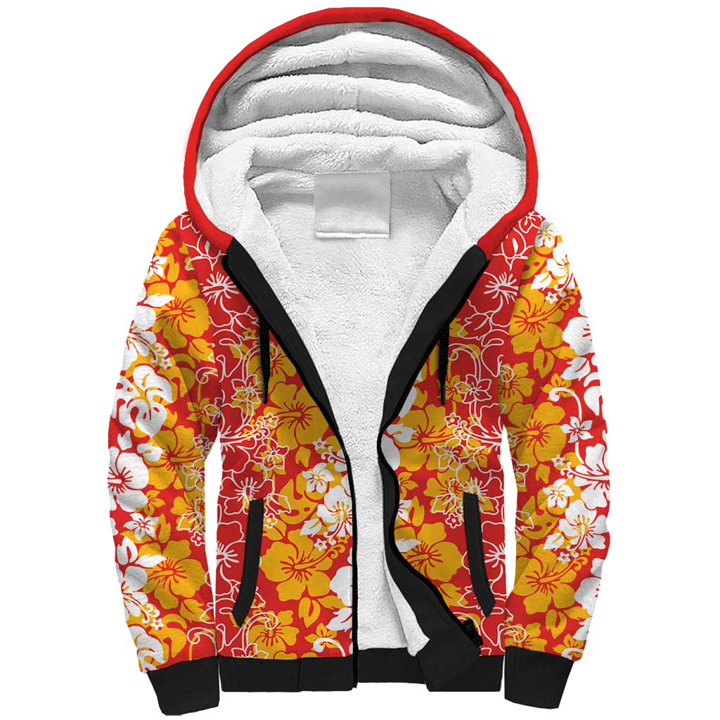 Hawaiian Lei Day Sherpa Hoodie Red Hibiscus Flowers Lei Art