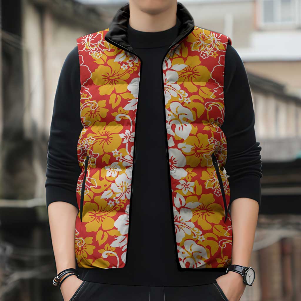 Hawaiian Lei Day Sleeveless Puffer Jacket Red Hibiscus Flowers Lei Art - Polynesian Pride