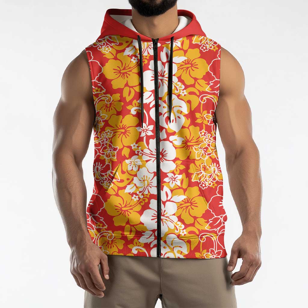 Hawaiian Lei Day Sleeveless Zip Hoodie Red Hibiscus Flowers Lei Art - Polynesian Pride