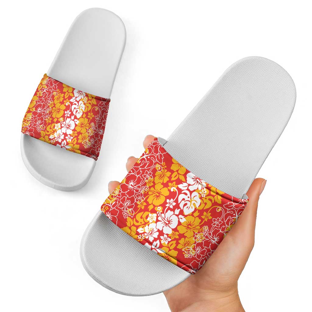 Hawaiian Lei Day Slide Sandals Red Hibiscus Flowers Lei Art - Polynesian Pride