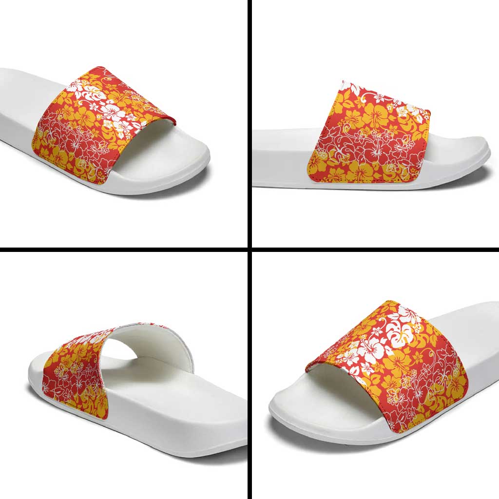 Hawaiian Lei Day Slide Sandals Red Hibiscus Flowers Lei Art - Polynesian Pride