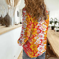 Hawaiian Lei Day Women Casual Shirt Red Hibiscus Flowers Lei Art