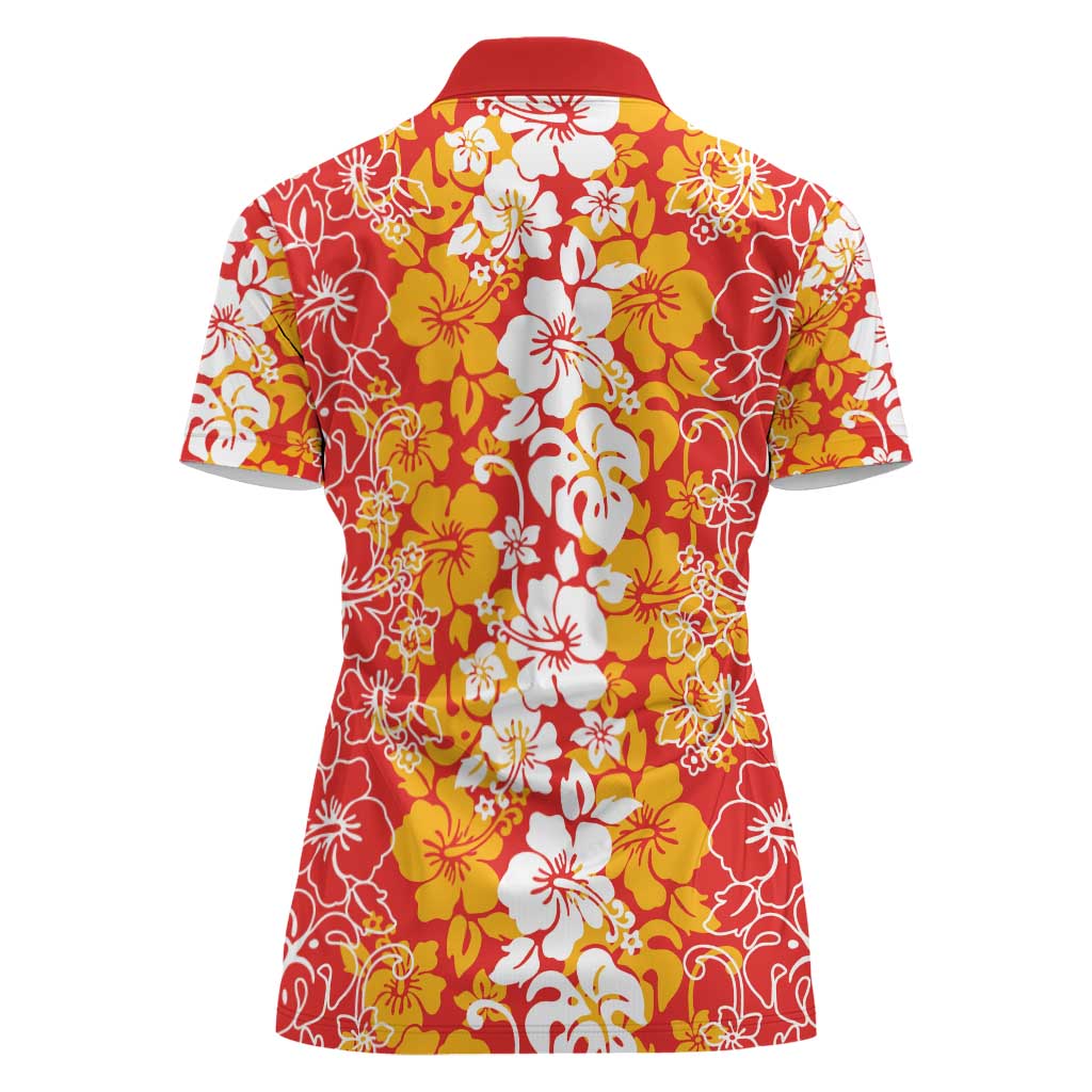Hawaiian Lei Day Women Polo Shirt Red Hibiscus Flowers Lei Art