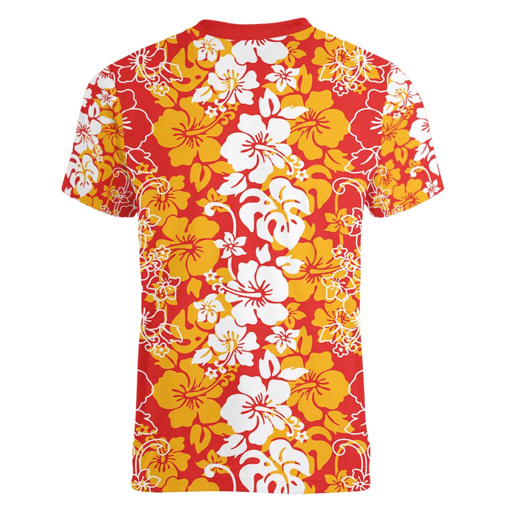 Hawaiian Lei Day Women V-Neck T-Shirt Red Hibiscus Flowers Lei Art