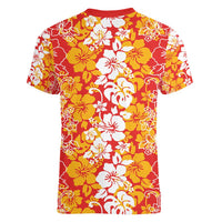 Hawaiian Lei Day Women V-Neck T-Shirt Red Hibiscus Flowers Lei Art
