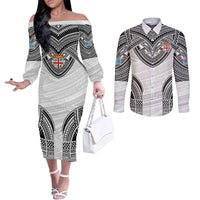 Flying Fijians Pacific Fiji Rugby Custom Couples Matching Off The Shoulder Long Sleeve Dress and Long Sleeve Button Shirt Polynesian Pattern