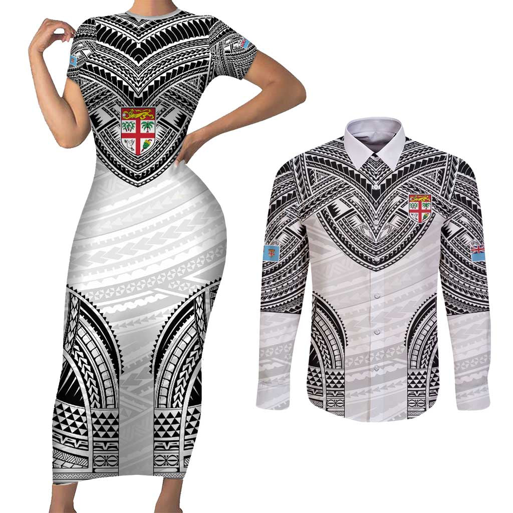 Flying Fijians Pacific Fiji Rugby Custom Couples Matching Short Sleeve Bodycon Dress and Long Sleeve Button Shirt Polynesian Pattern