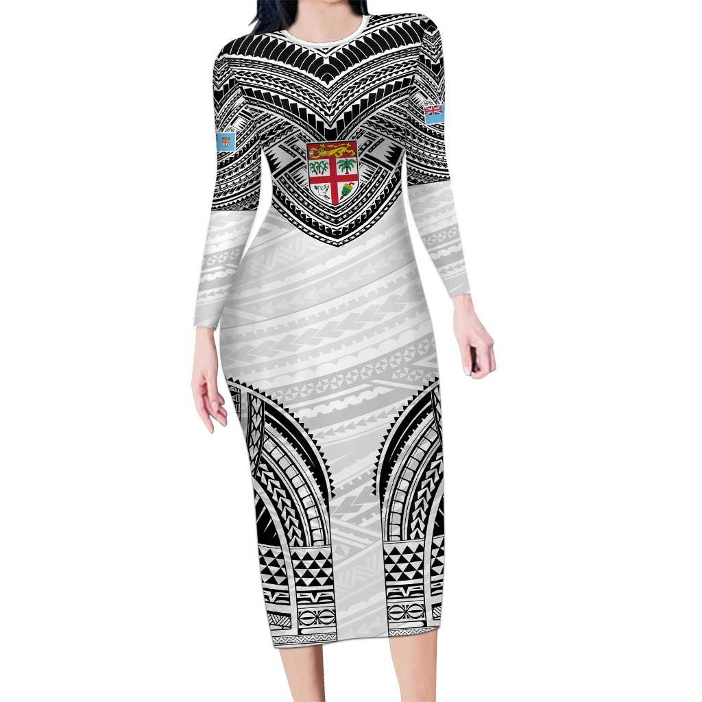 Flying Fijians Pacific Fiji Rugby Custom Family Matching Long Sleeve Bodycon Dress and Hawaiian Shirt Polynesian Pattern LT9 Mom's Dress White - Polynesian Pride