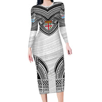 Flying Fijians Pacific Fiji Rugby Custom Family Matching Long Sleeve Bodycon Dress and Hawaiian Shirt Polynesian Pattern LT9 Mom's Dress White - Polynesian Pride
