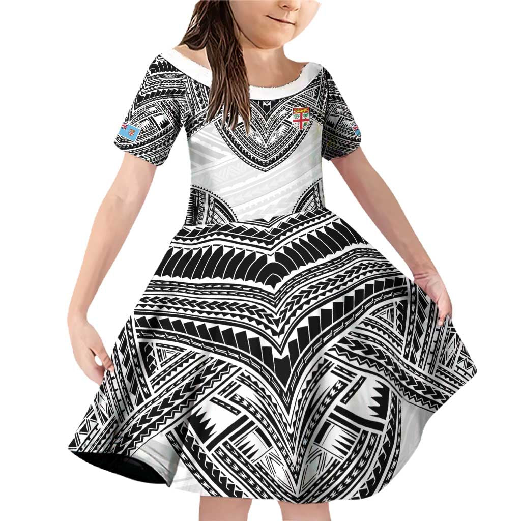 Flying Fijians Pacific Fiji Rugby Custom Family Matching Off Shoulder Short Dress and Hawaiian Shirt Polynesian Pattern LT9 Daughter's Dress White - Polynesian Pride
