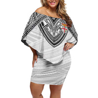 Flying Fijians Pacific Fiji Rugby Custom Family Matching Off Shoulder Short Dress and Hawaiian Shirt Polynesian Pattern LT9 Mom's Dress White - Polynesian Pride