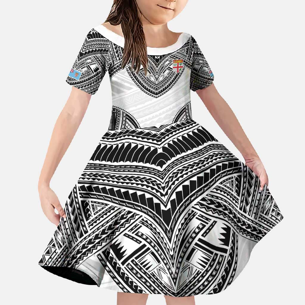 Flying Fijians Pacific Fiji Rugby Custom Family Matching Short Sleeve Bodycon Dress and Hawaiian Shirt Polynesian Pattern LT9 Daughter's Dress White - Polynesian Pride