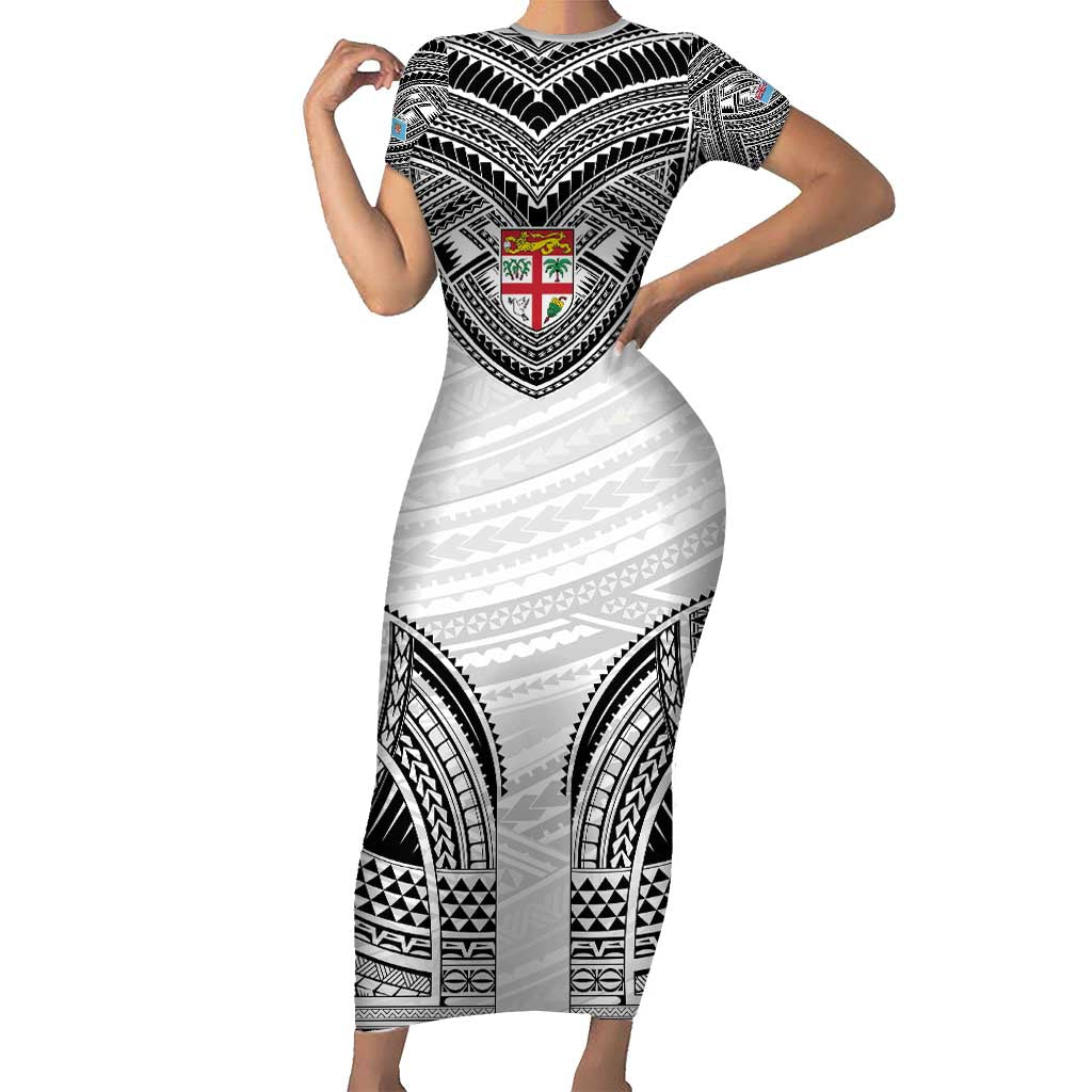 Flying Fijians Pacific Fiji Rugby Custom Family Matching Short Sleeve Bodycon Dress and Hawaiian Shirt Polynesian Pattern LT9 Mom's Dress White - Polynesian Pride