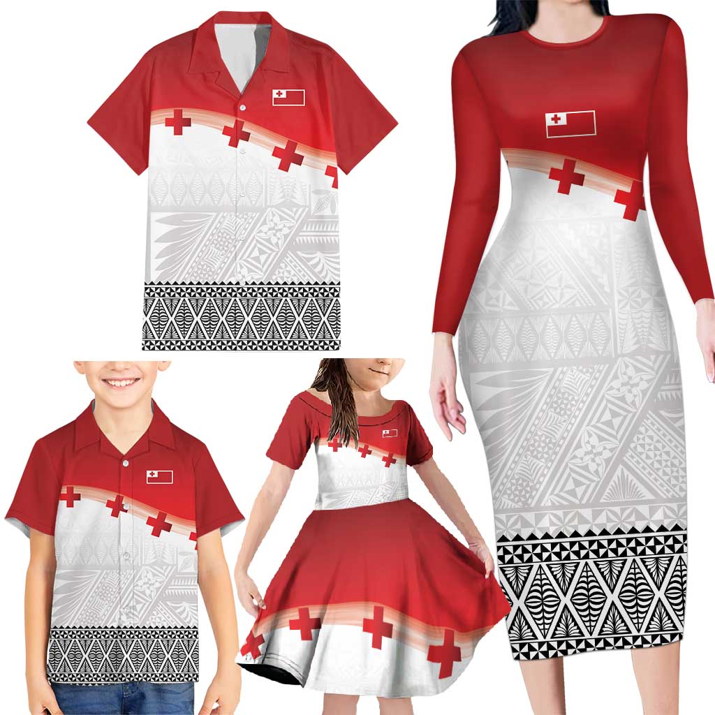 Ikale Tahi Pacific Tonga Rugby Custom Family Matching Long Sleeve Bodycon Dress and Hawaiian Shirt Tongan Ngatu with Flag Pattern LT9 - Polynesian Pride