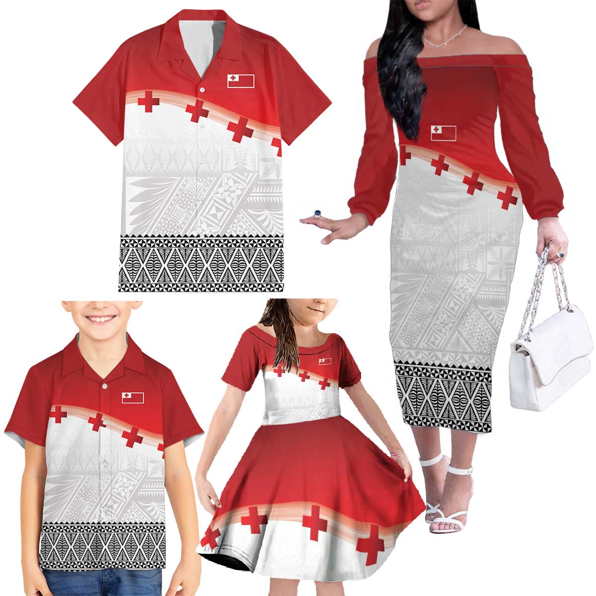 Ikale Tahi Pacific Tonga Rugby Custom Family Matching Off The Shoulder Long Sleeve Dress and Hawaiian Shirt Tongan Ngatu with Flag Pattern