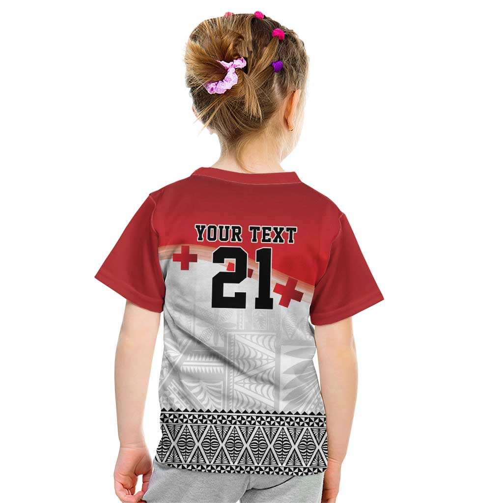 Ikale Tahi Pacific Tonga Rugby Custom Kid T Shirt Tongan Ngatu with Flag Pattern