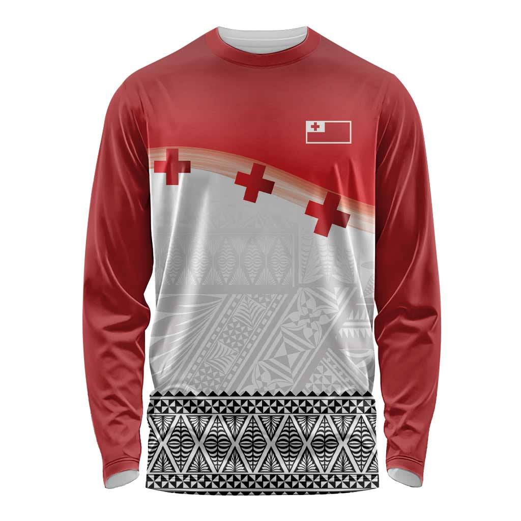 Ikale Tahi Pacific Tonga Rugby Custom Long Sleeve Shirt Tongan Ngatu with Flag Pattern
