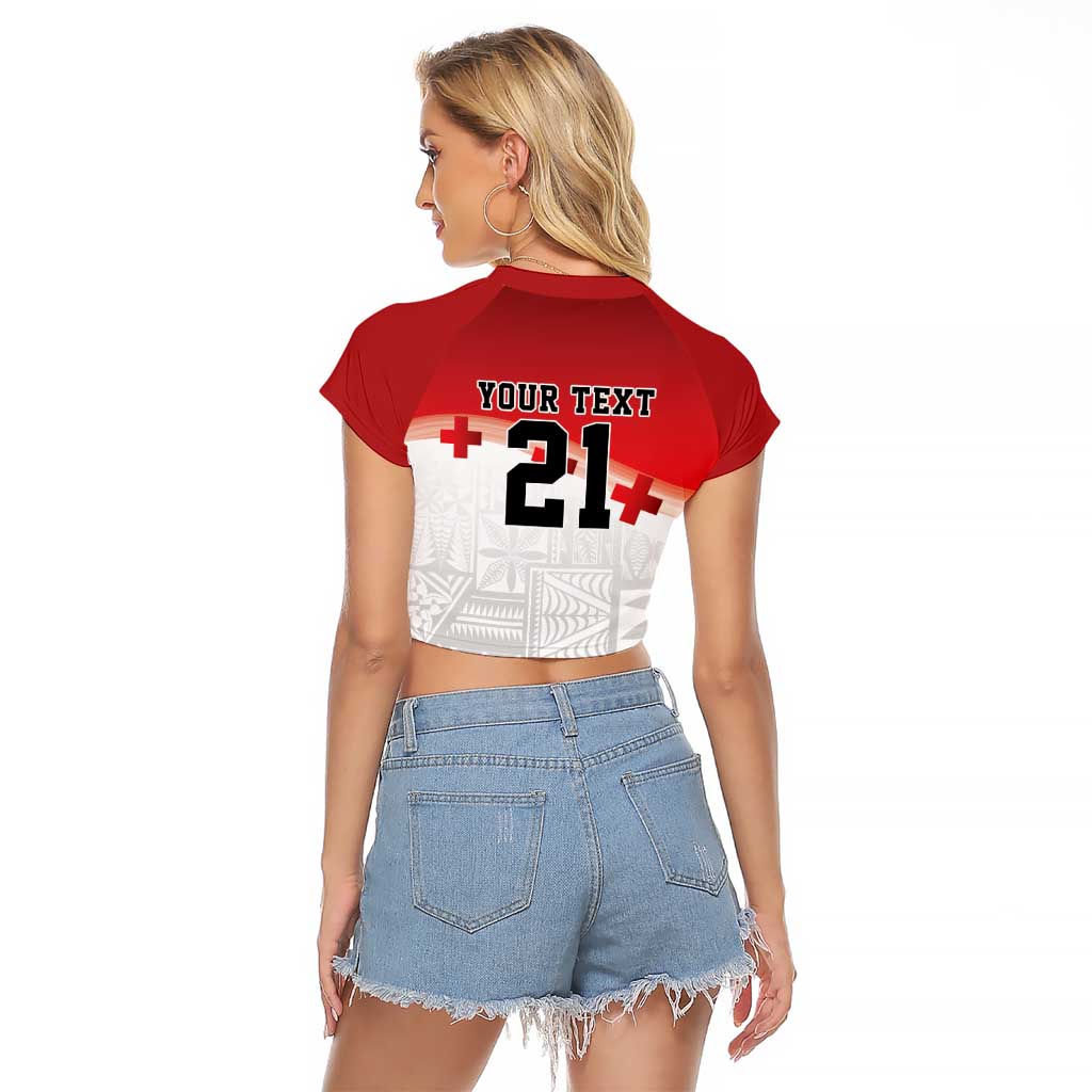 Ikale Tahi Pacific Tonga Rugby Custom Raglan Cropped T Shirt Tongan Ngatu with Flag Pattern