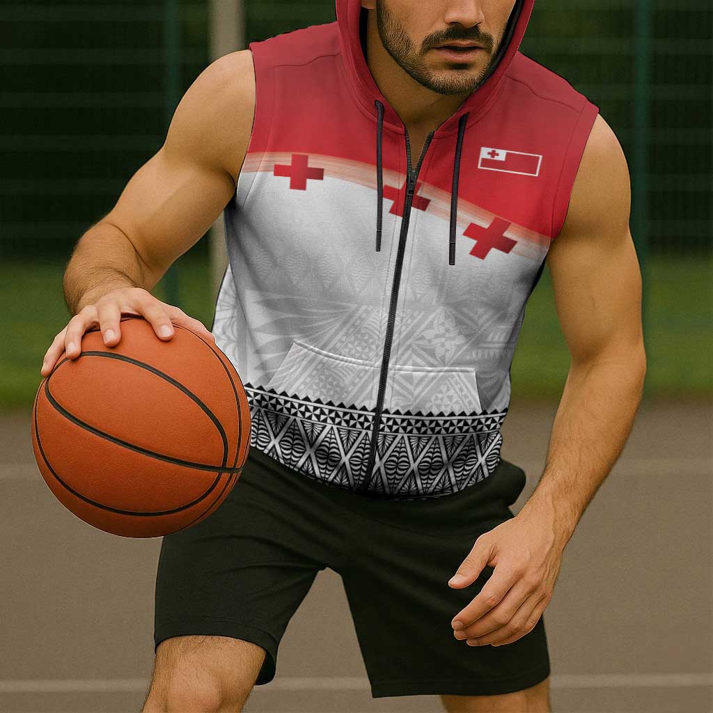 Ikale Tahi Pacific Tonga Rugby Custom Sleeveless Zip Hoodie Tongan Ngatu with Flag Pattern - Polynesian Pride