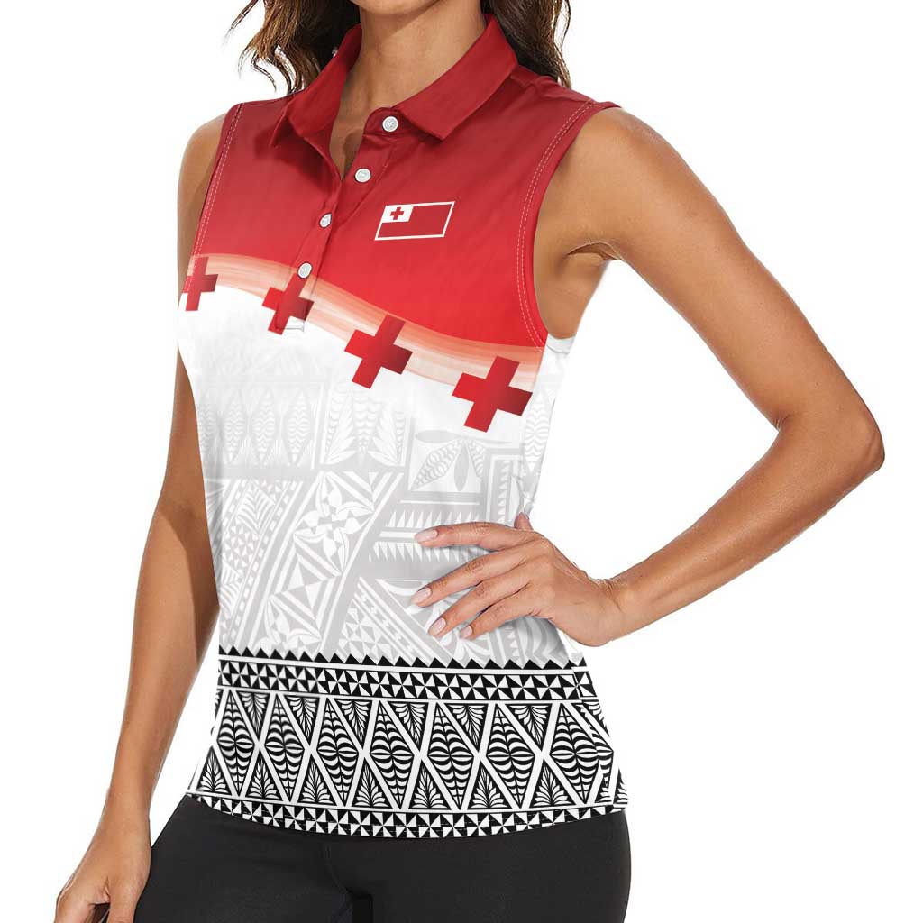 Ikale Tahi Pacific Tonga Rugby Custom Women Sleeveless Polo Shirt Tongan Ngatu with Flag Pattern