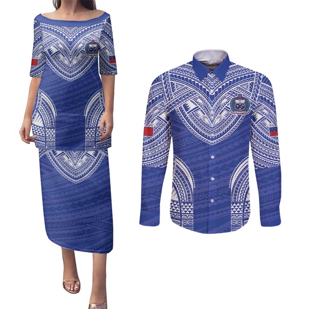 Manu Samoa Pacific Samoa Rugby Custom Couples Matching Puletasi and Long Sleeve Button Shirt Polynesian Pattern