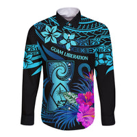 Polynesian Guam Long Sleeve Button Shirt With Latte Stone Happy Liberation Day LT9 Unisex Blue - Polynesian Pride