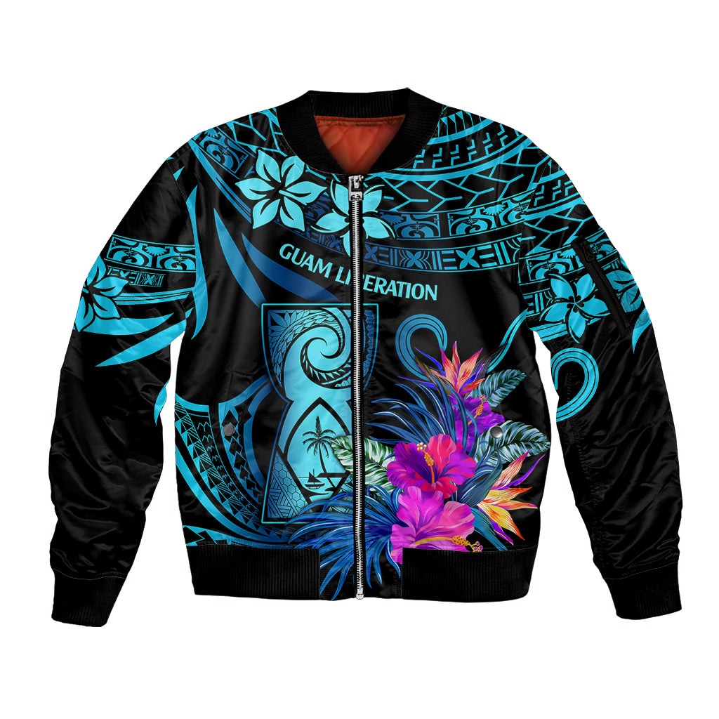 Polynesian Guam Sleeve Zip Bomber Jacket With Latte Stone Happy Liberation Day LT9 Unisex Blue - Polynesian Pride