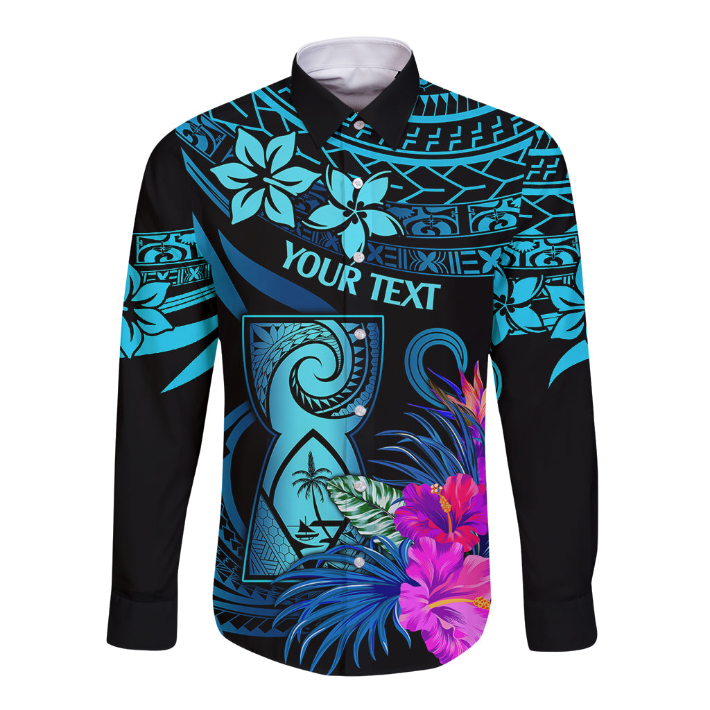 Custom Polynesian Guam Long Sleeve Button Shirt With Latte Stone Happy Liberation Day LT9 Unisex Blue - Polynesian Pride