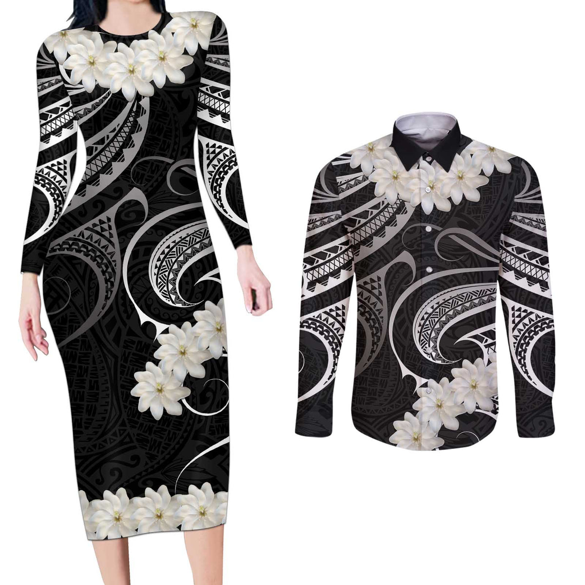 White Sunday Tokelau Gardenia Thunbergia Couples Matching Long Sleeve Bodycon Dress and Long Sleeve Button Shirt Fakamalo Atu Kia Te Koutou Uma LT9 Black - Polynesian Pride