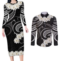 White Sunday Tokelau Gardenia Thunbergia Couples Matching Long Sleeve Bodycon Dress and Long Sleeve Button Shirt Fakamalo Atu Kia Te Koutou Uma LT9 Black - Polynesian Pride