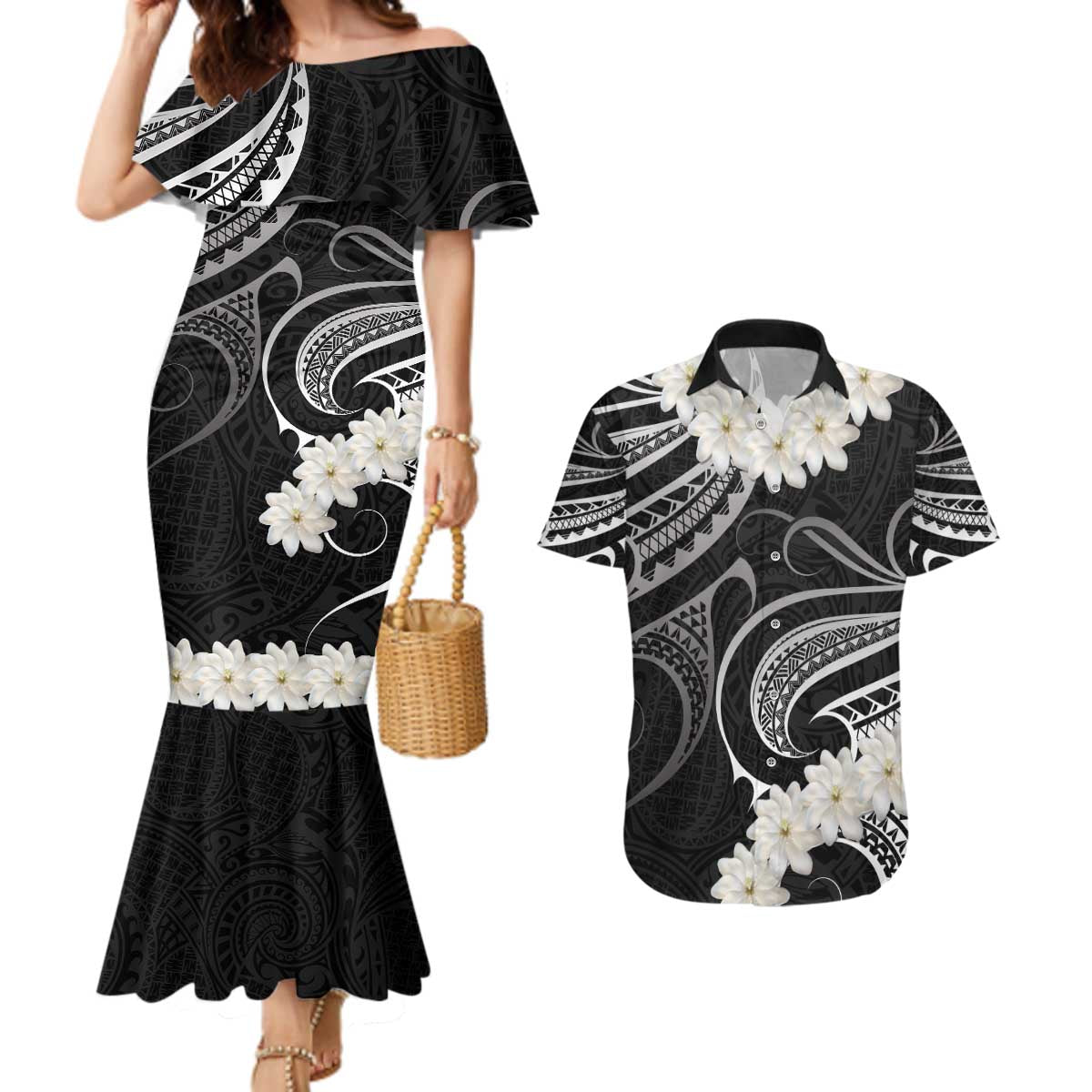 White Sunday Tokelau Gardenia Thunbergia Couples Matching Mermaid Dress and Hawaiian Shirt Fakamalo Atu Kia Te Koutou Uma LT9 Black - Polynesian Pride