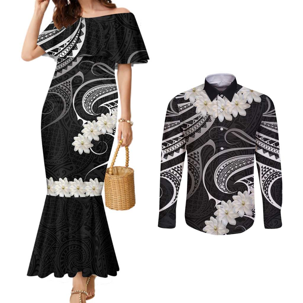 White Sunday Tokelau Gardenia Thunbergia Couples Matching Mermaid Dress and Long Sleeve Button Shirt Fakamalo Atu Kia Te Koutou Uma LT9 Black - Polynesian Pride