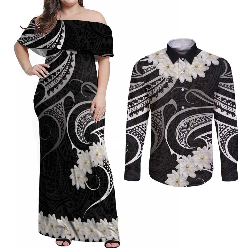 White Sunday Tokelau Gardenia Thunbergia Couples Matching Off Shoulder Maxi Dress and Long Sleeve Button Shirt Fakamalo Atu Kia Te Koutou Uma LT9 Black - Polynesian Pride