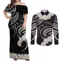 White Sunday Tokelau Gardenia Thunbergia Couples Matching Off Shoulder Maxi Dress and Long Sleeve Button Shirt Fakamalo Atu Kia Te Koutou Uma LT9 Black - Polynesian Pride