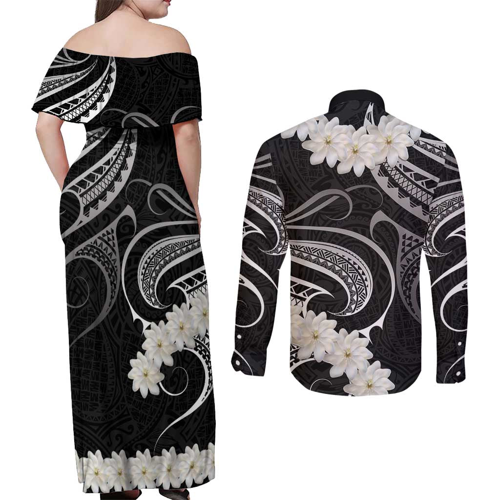 White Sunday Tokelau Gardenia Thunbergia Couples Matching Off Shoulder Maxi Dress and Long Sleeve Button Shirt Fakamalo Atu Kia Te Koutou Uma LT9 - Polynesian Pride