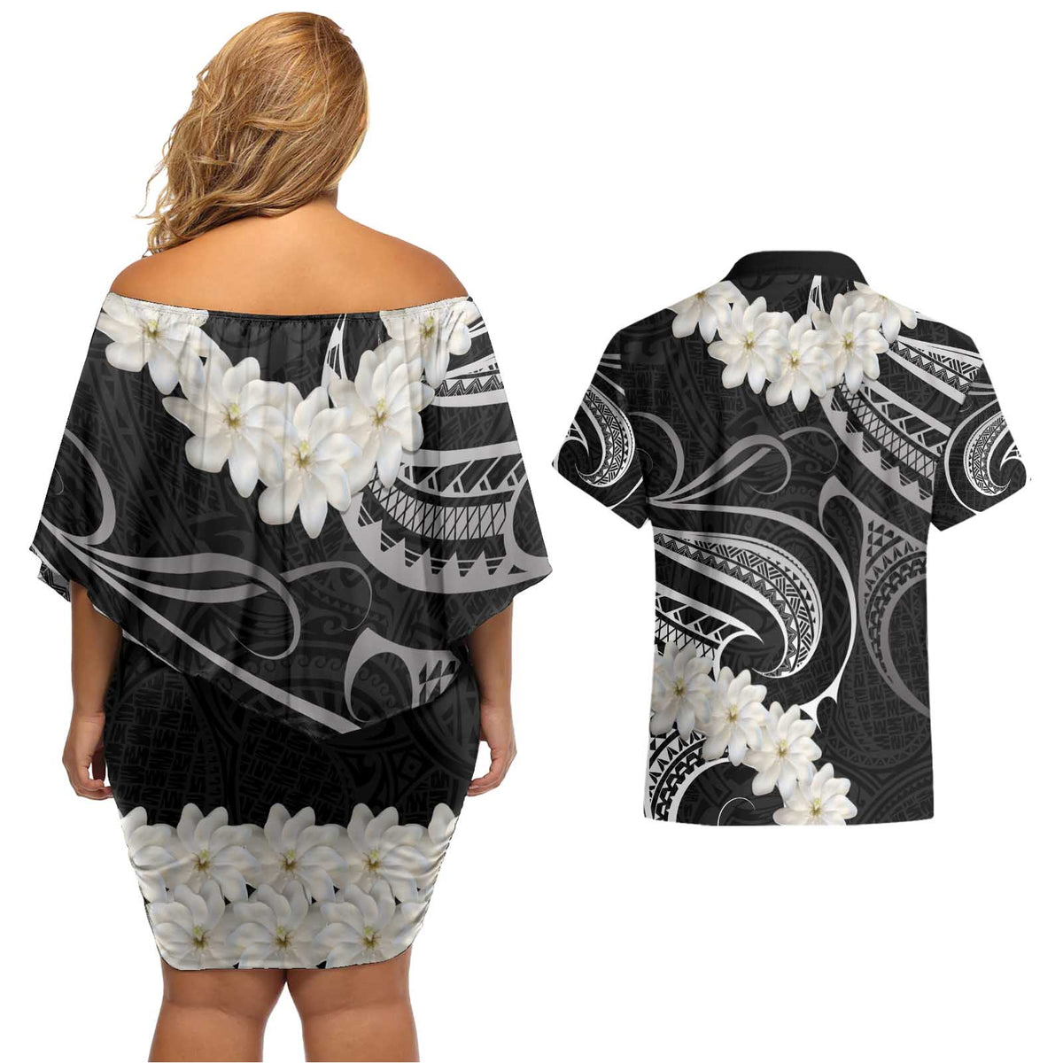 White Sunday Tokelau Gardenia Thunbergia Couples Matching Off Shoulder Short Dress and Hawaiian Shirt Fakamalo Atu Kia Te Koutou Uma LT9 - Polynesian Pride