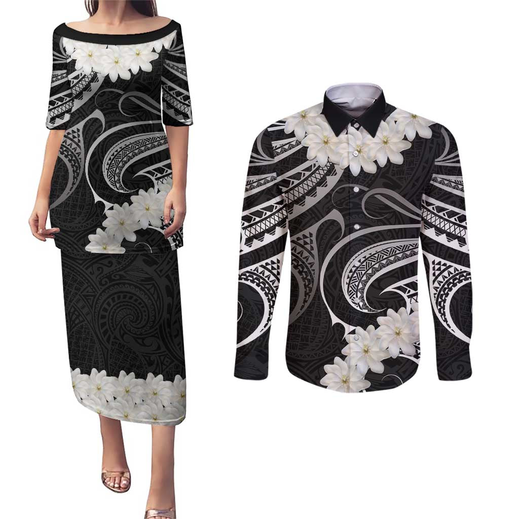 White Sunday Tokelau Gardenia Thunbergia Couples Matching Puletasi and Long Sleeve Button Shirt Fakamalo Atu Kia Te Koutou Uma LT9 Black - Polynesian Pride