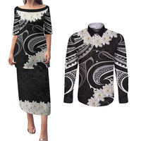 White Sunday Tokelau Gardenia Thunbergia Couples Matching Puletasi and Long Sleeve Button Shirt Fakamalo Atu Kia Te Koutou Uma LT9 Black - Polynesian Pride