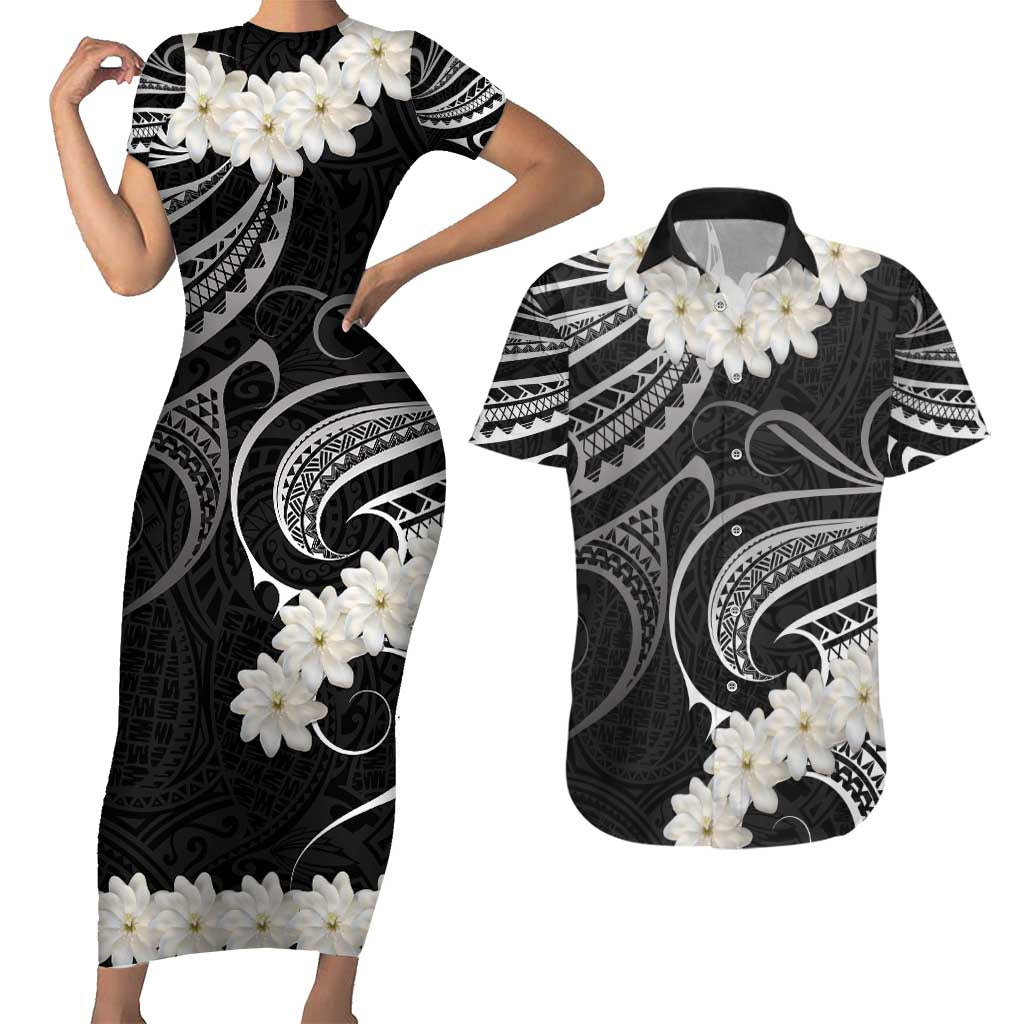 White Sunday Tokelau Gardenia Thunbergia Couples Matching Short Sleeve Bodycon Dress and Hawaiian Shirt Fakamalo Atu Kia Te Koutou Uma LT9 Black - Polynesian Pride