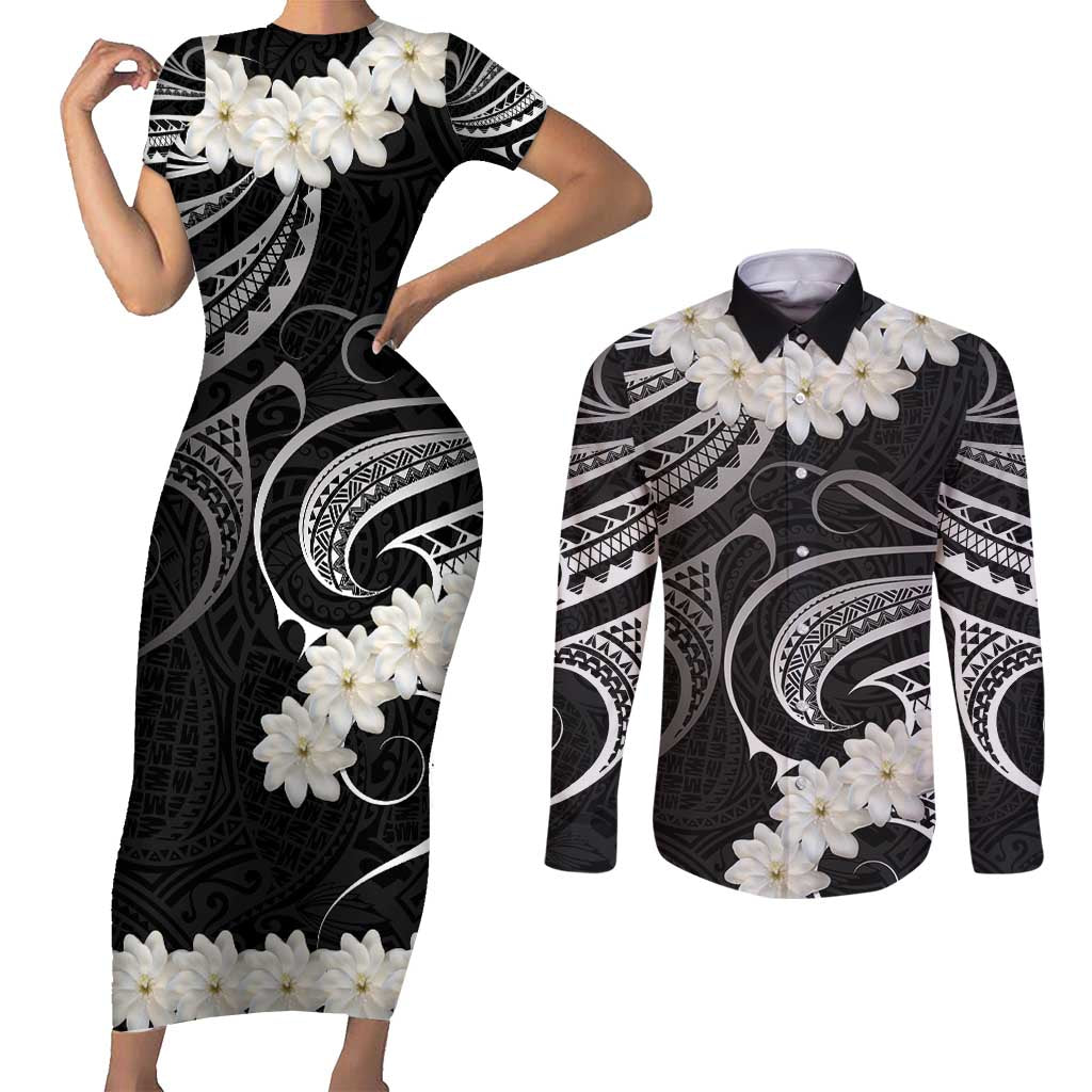 White Sunday Tokelau Gardenia Thunbergia Couples Matching Short Sleeve Bodycon Dress and Long Sleeve Button Shirt Fakamalo Atu Kia Te Koutou Uma LT9 Black - Polynesian Pride