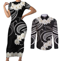 White Sunday Tokelau Gardenia Thunbergia Couples Matching Short Sleeve Bodycon Dress and Long Sleeve Button Shirt Fakamalo Atu Kia Te Koutou Uma LT9 Black - Polynesian Pride
