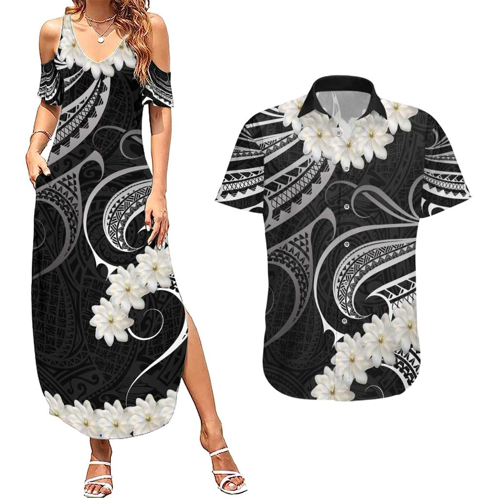 White Sunday Tokelau Gardenia Thunbergia Couples Matching Summer Maxi Dress and Hawaiian Shirt Fakamalo Atu Kia Te Koutou Uma LT9 Black - Polynesian Pride