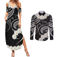 White Sunday Tokelau Gardenia Thunbergia Couples Matching Summer Maxi Dress and Long Sleeve Button Shirt Fakamalo Atu Kia Te Koutou Uma LT9 Black - Polynesian Pride