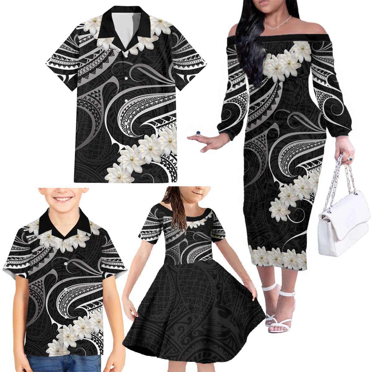 White Sunday Tokelau Gardenia Thunbergia Family Matching Off The Shoulder Long Sleeve Dress and Hawaiian Shirt Fakamalo Atu Kia Te Koutou Uma LT9 - Polynesian Pride