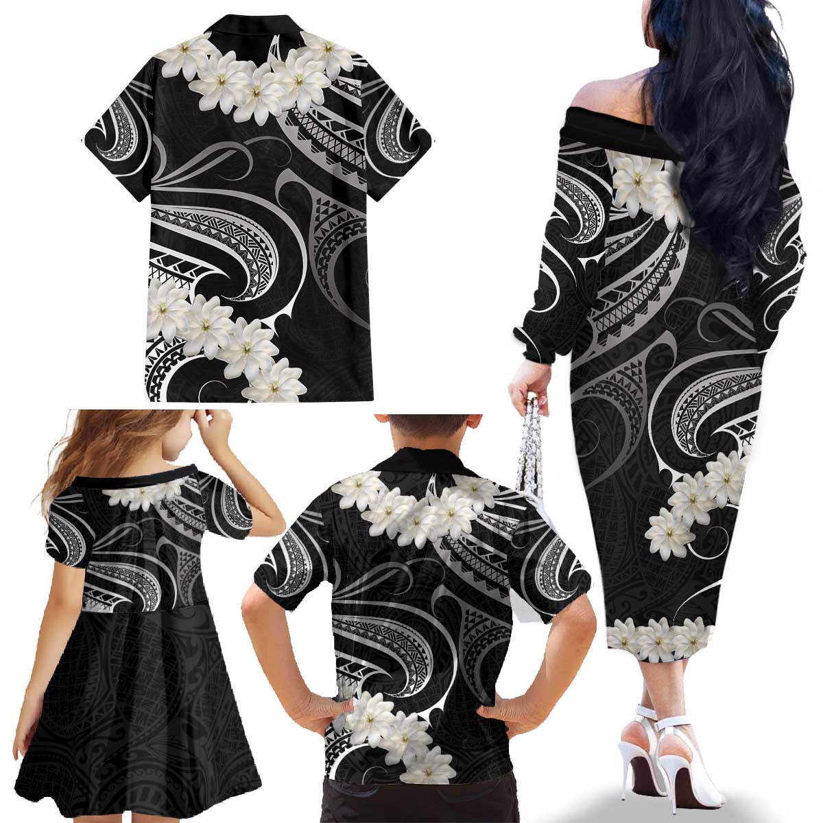 White Sunday Tokelau Gardenia Thunbergia Family Matching Off The Shoulder Long Sleeve Dress and Hawaiian Shirt Fakamalo Atu Kia Te Koutou Uma LT9 - Polynesian Pride