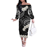 White Sunday Tokelau Gardenia Thunbergia Family Matching Off The Shoulder Long Sleeve Dress and Hawaiian Shirt Fakamalo Atu Kia Te Koutou Uma LT9 Mom's Dress Black - Polynesian Pride